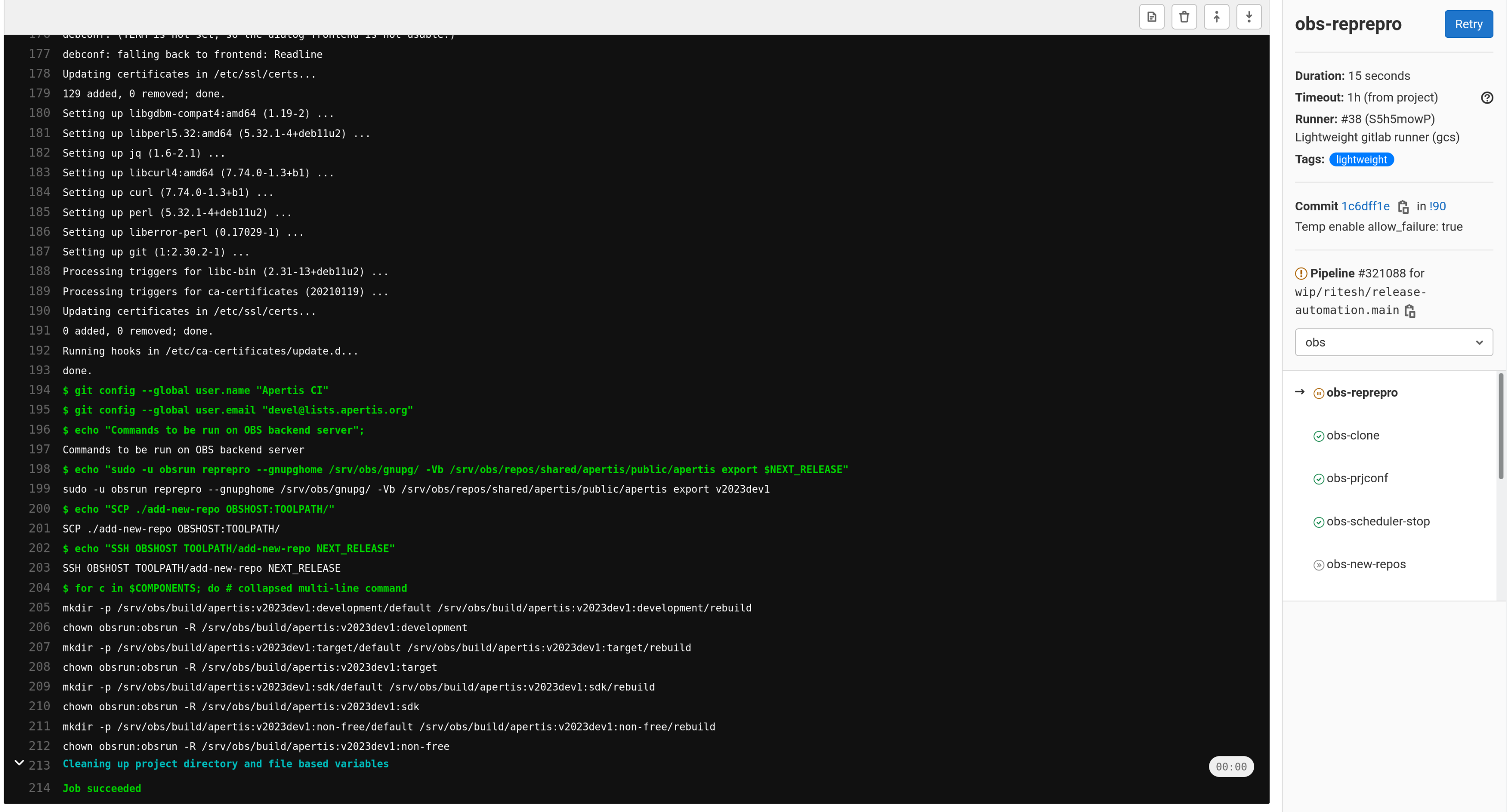 Log of manual job showing commands user has to run
